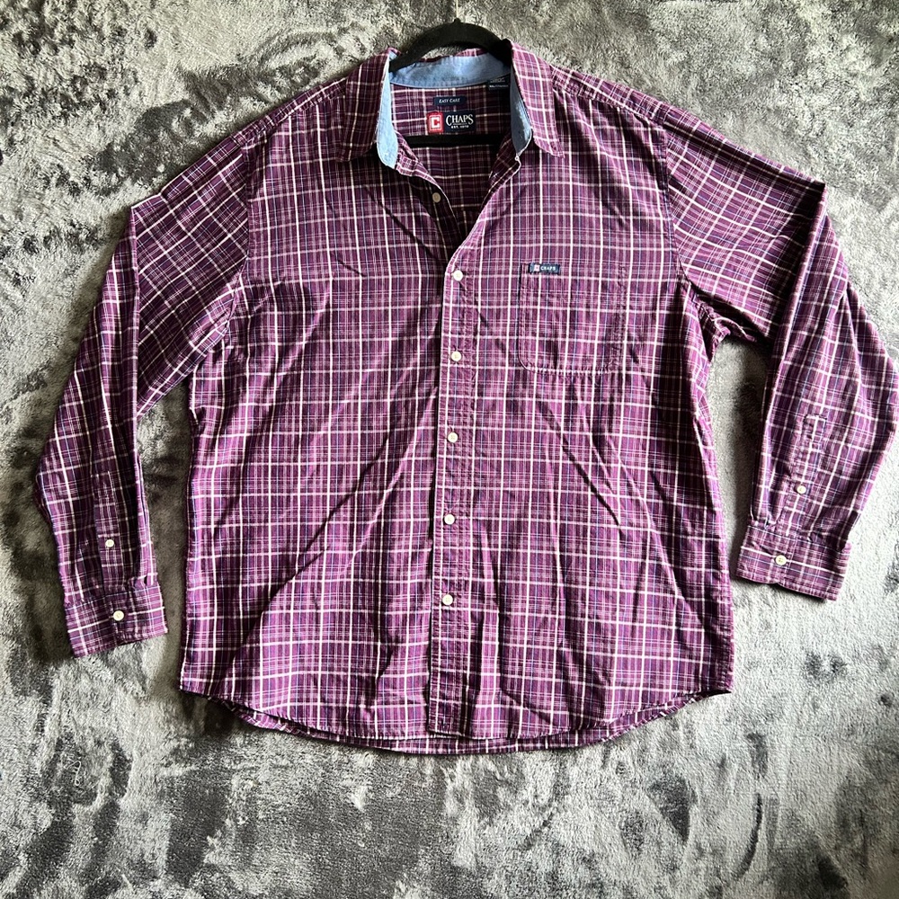 Chaps Shirt Mens 2XL Plaid Burgundy Easy Care‎ Button Down Long Sleeve Dadcore
